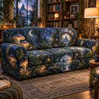 Celestial Mushroom Reading Nook Sofa Cover with flat printed optical 3D mushroom forest in sapphire moss amber and pearl