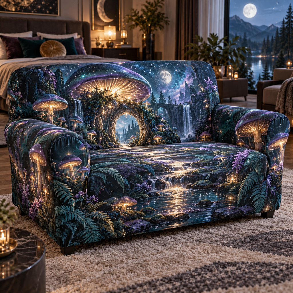 Celestial Mushroom Bedroom Sofa Cover with flat printed optical 3D mushroom forest in amethyst midnight teal orchid silver and gold