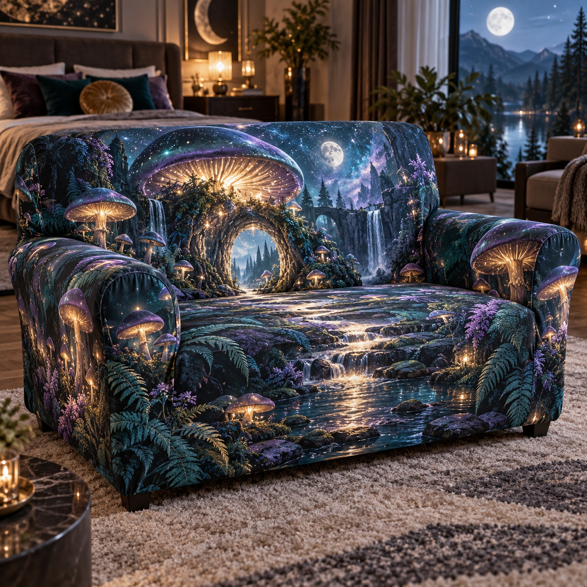 Celestial Mushroom Bedroom Sofa Cover with flat printed optical 3D mushroom forest in amethyst midnight teal orchid silver and gold