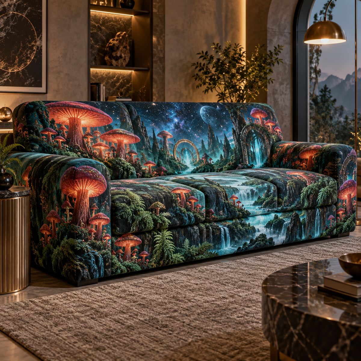 Celestial Mushroom Living Room Sofa Cover with flat printed optical 3D mushroom forest in coral emerald obsidian cyan and bronze