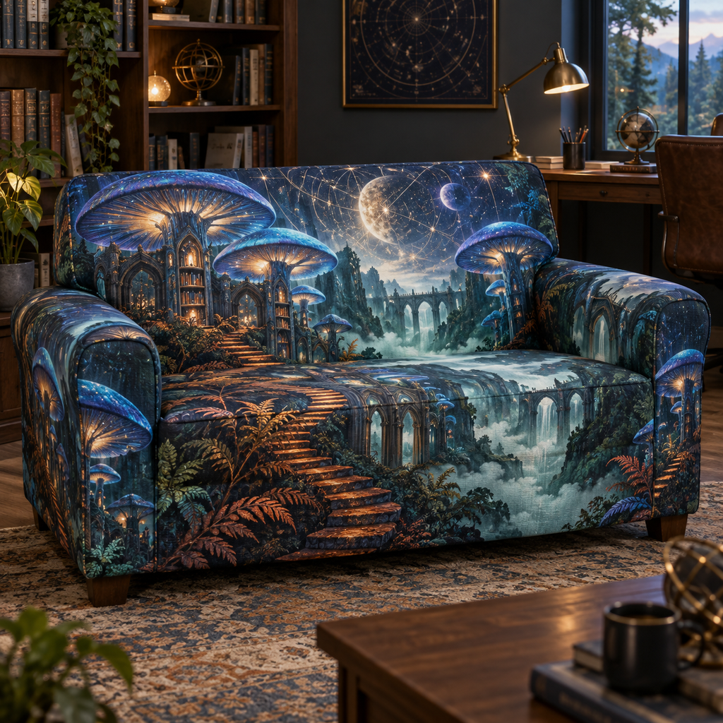 Celestial Mushroom Home Office Sofa Cover with flat printed optical 3D mushroom archive in blue copper charcoal jade and ivory