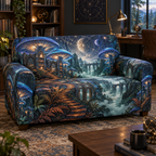 Celestial Mushroom Home Office Sofa Cover with flat printed optical 3D mushroom archive in blue copper charcoal jade and ivory