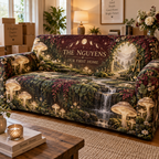 Personalized Celestial Mushroom Sofa Cover showing The Nguyens within flat printed optical 3D mushroom forest in champagne green burgundy ivory and gold