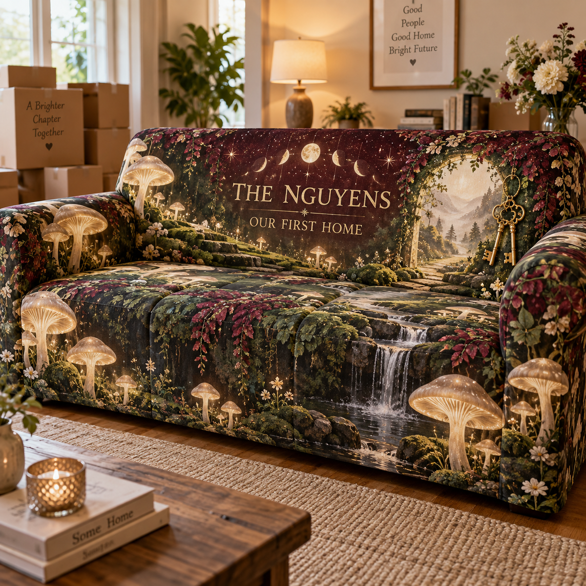 Personalized Celestial Mushroom Sofa Cover showing The Nguyens within flat printed optical 3D mushroom forest in champagne green burgundy ivory and gold