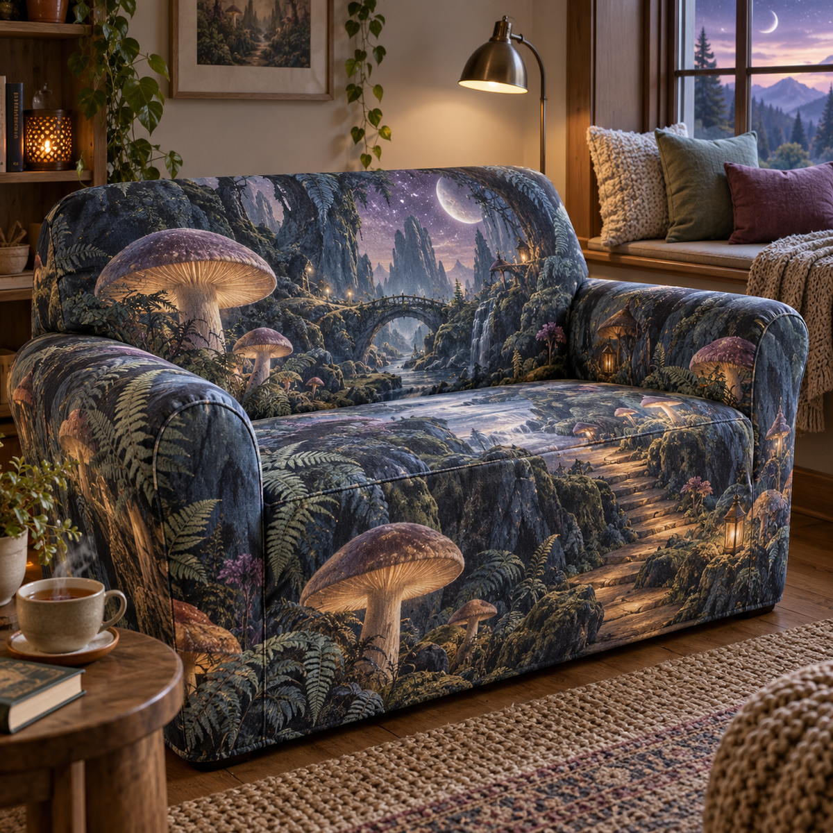 Celestial Mushroom Quiet Corner Sofa Cover with flat printed optical 3D mushroom sanctuary in moonstone blue sage plum and amber