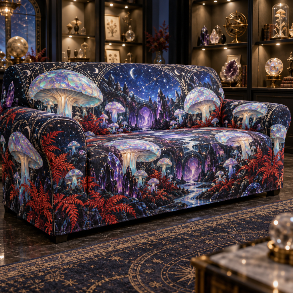 Celestial Mushroom Collector Sofa Cover with flat printed optical 3D opal mushroom collection in ultramarine vermilion violet and platinum