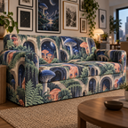 Celestial Mushroom Apartment Sofa Cover with flat printed optical 3D mushroom gallery in cobalt coral mint cream and graphite