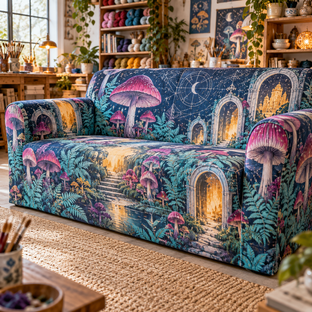 Celestial Mushroom Hobby Studio Sofa Cover with flat printed optical 3D maker studio in magenta turquoise navy saffron and white
