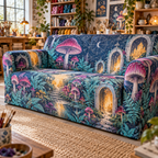 Celestial Mushroom Hobby Studio Sofa Cover with flat printed optical 3D maker studio in magenta turquoise navy saffron and white