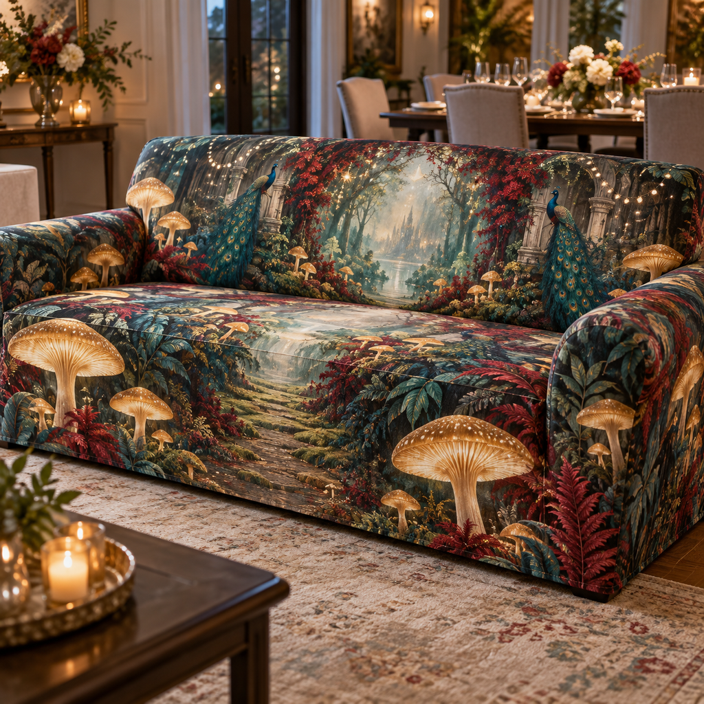 Celestial Mushroom Host Gift Sofa Cover with flat printed optical 3D welcome path in honey gold peacock garnet celadon and pearl
