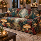 Celestial Mushroom Host Gift Sofa Cover with flat printed optical 3D welcome path in honey gold peacock garnet celadon and pearl