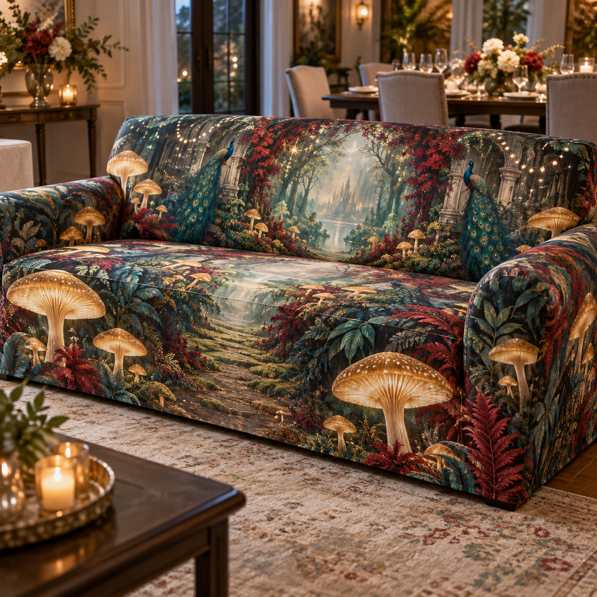 Celestial Mushroom Host Gift Sofa Cover with flat printed optical 3D welcome path in honey gold peacock garnet celadon and pearl