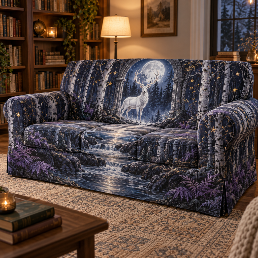 Moonlit White Stag Reading Nook Sofa Cover with flat printed optical 3D white stag forest in midnight blue silver frost blue violet and gold