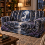 Moonlit White Stag Reading Nook Sofa Cover with flat printed optical 3D white stag forest in midnight blue silver frost blue violet and gold