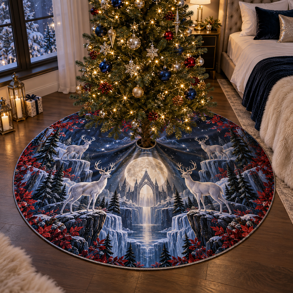 Moonlit White Stag Bedroom Sofa Cover with flat printed optical 3D white stag forest in obsidian pearl sapphire ruby and champagne