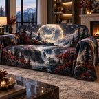 Moonlit White Stag Living Room Sofa Cover with flat printed optical 3D white stag forest in obsidian sapphire garnet pearl and champagne