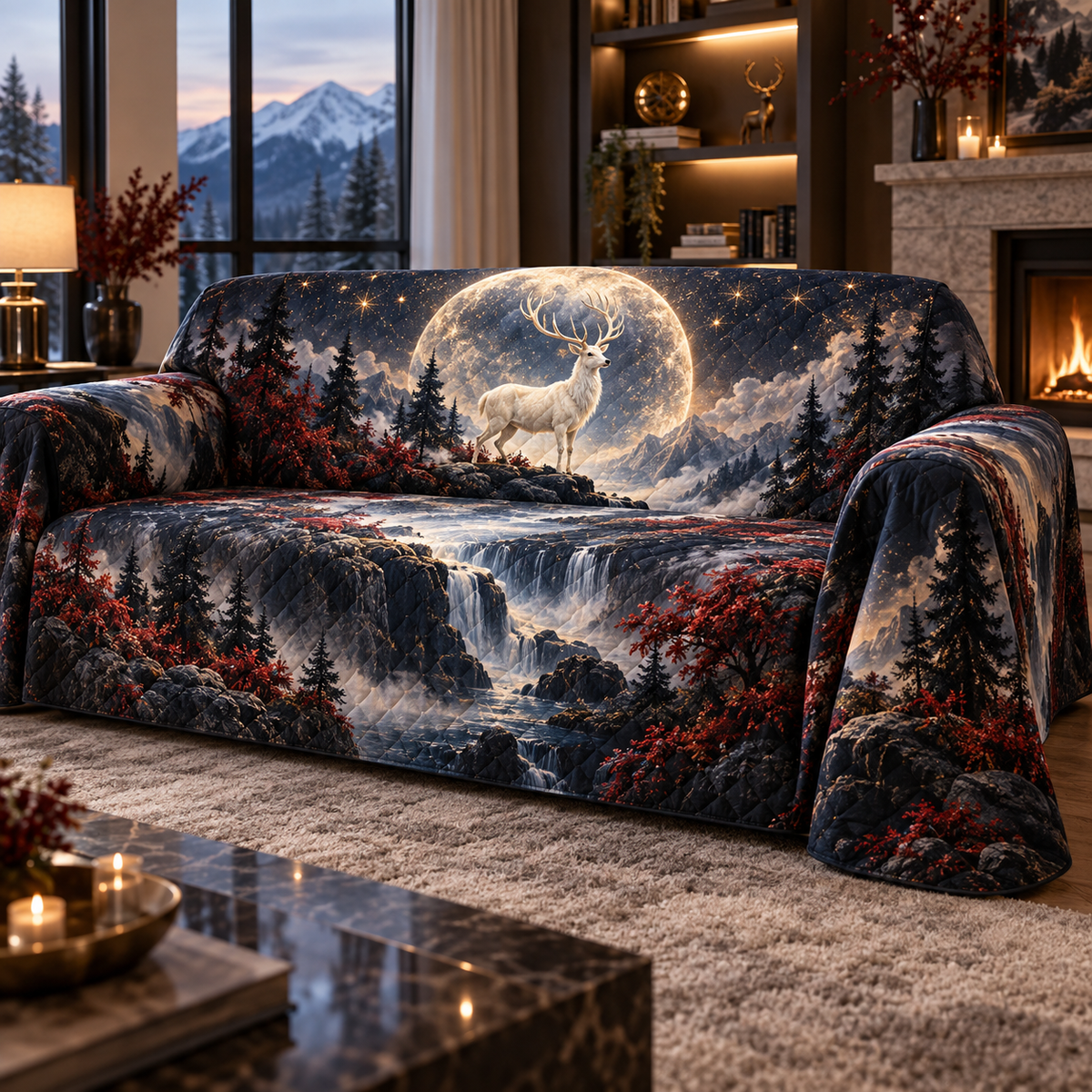 Moonlit White Stag Living Room Sofa Cover with flat printed optical 3D white stag forest in obsidian sapphire garnet pearl and champagne