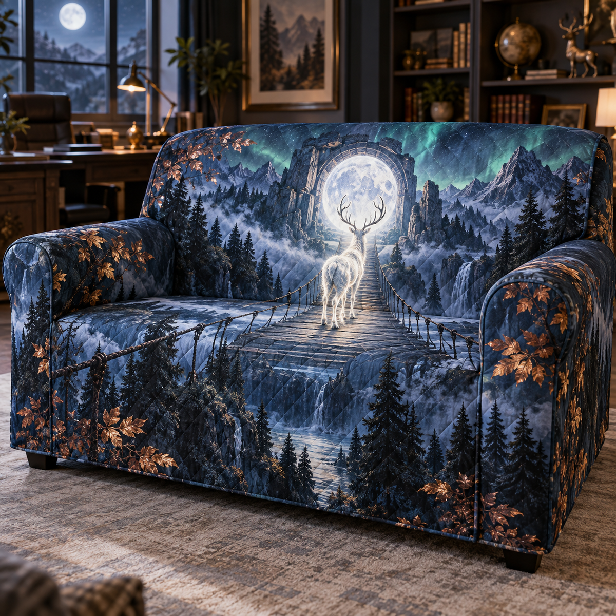 Moonlit White Stag Home Office Sofa Cover with flat printed optical 3D stag scene in charcoal moonstone cobalt copper and pine green