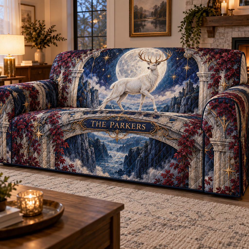 Personalized Moonlit White Stag Sofa Cover showing The Parkers within flat printed optical 3D stag forest in moonstone ivory cobalt wine and gold