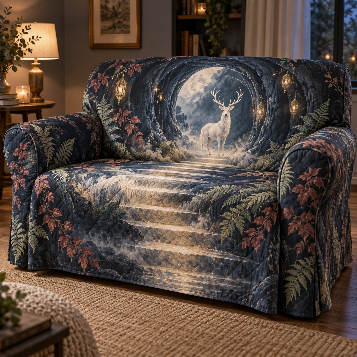 Moonlit White Stag Quiet Corner Sofa Cover with flat printed optical 3D stag grotto in ink blue ivory sage rosewood and antique gold