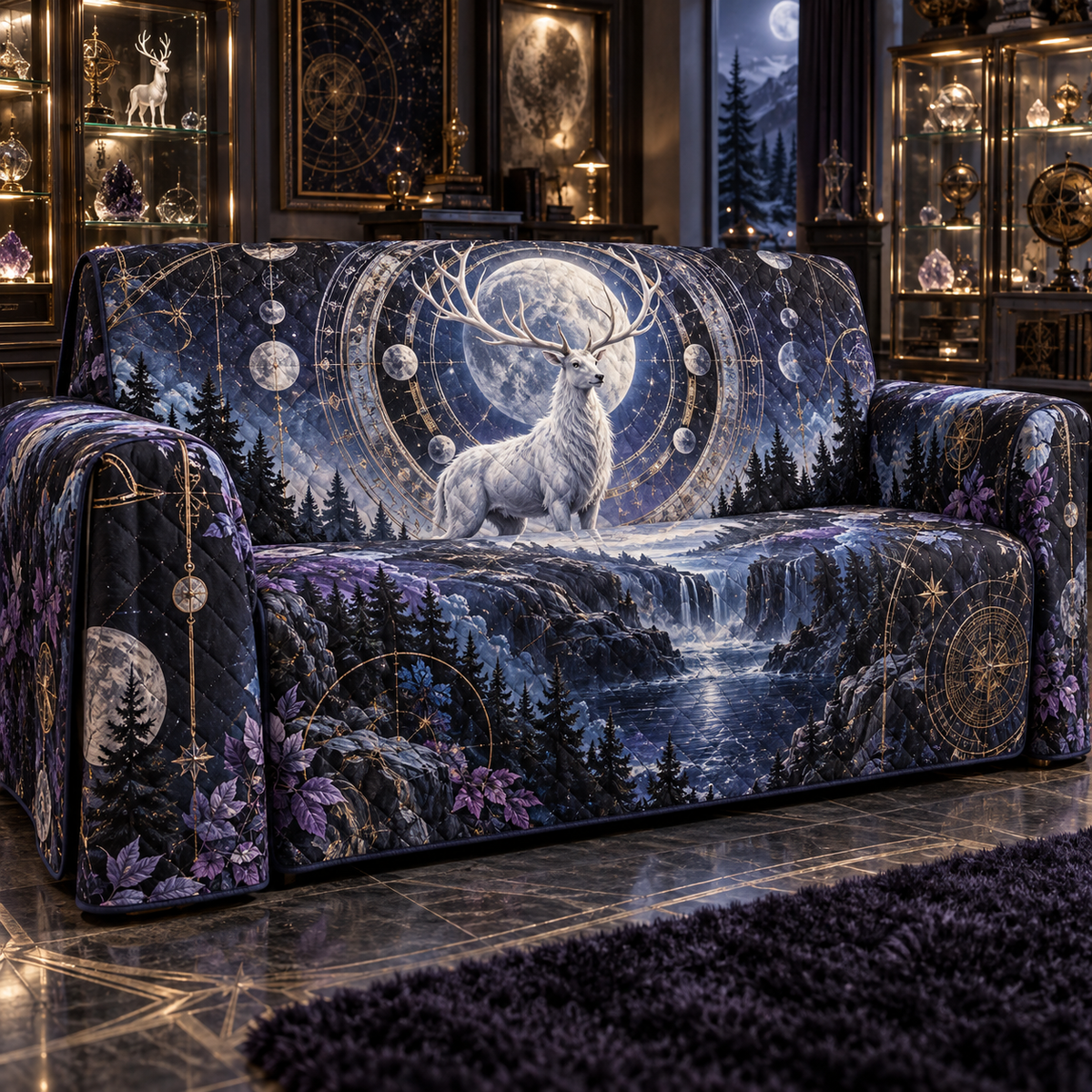 Moonlit White Stag Collector Sofa Cover with flat printed optical 3D stag astrolabe scene in ebony silver ultramarine amethyst and bronze