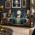 Moonlit White Stag Gallery Wall Sofa Cover with flat printed optical 3D Art Deco stag scene in midnight navy alabaster teal terracotta and brass