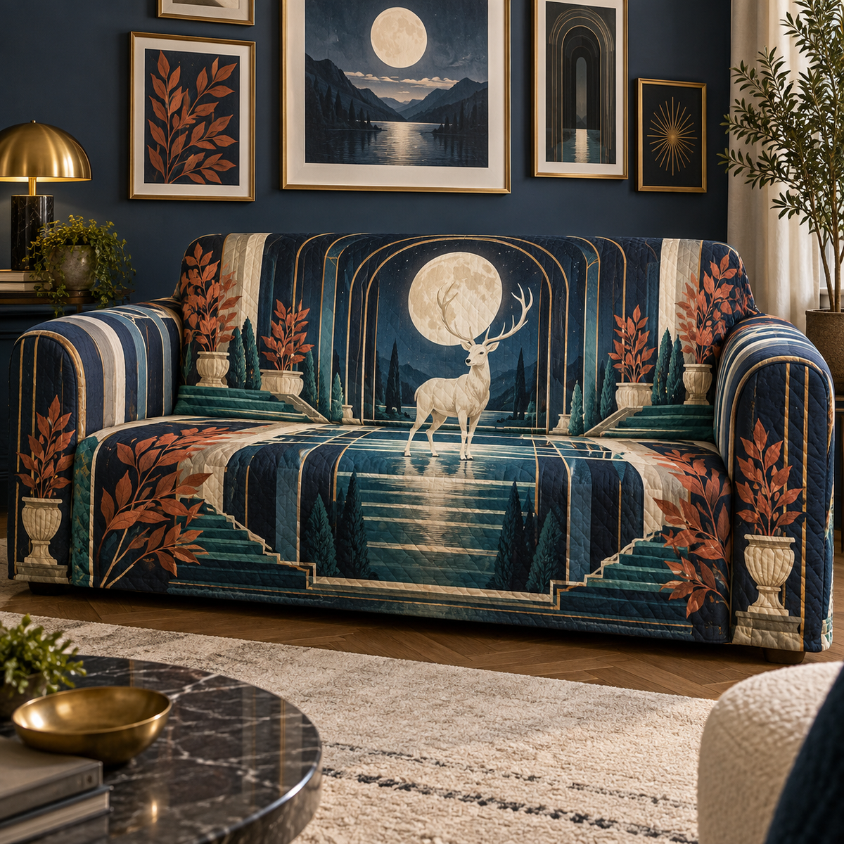 Moonlit White Stag Gallery Wall Sofa Cover with flat printed optical 3D Art Deco stag scene in midnight navy alabaster teal terracotta and brass