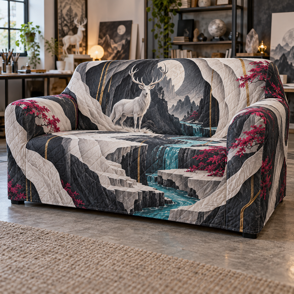 Moonlit White Stag Studio Sofa Cover with flat printed optical 3D paper cut stag scene in charcoal white cyan magenta and ochre