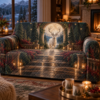 Moonlit White Stag Host Gift Sofa Cover with flat printed optical 3D welcoming stag scene in forest green cream cranberry walnut and candle gold