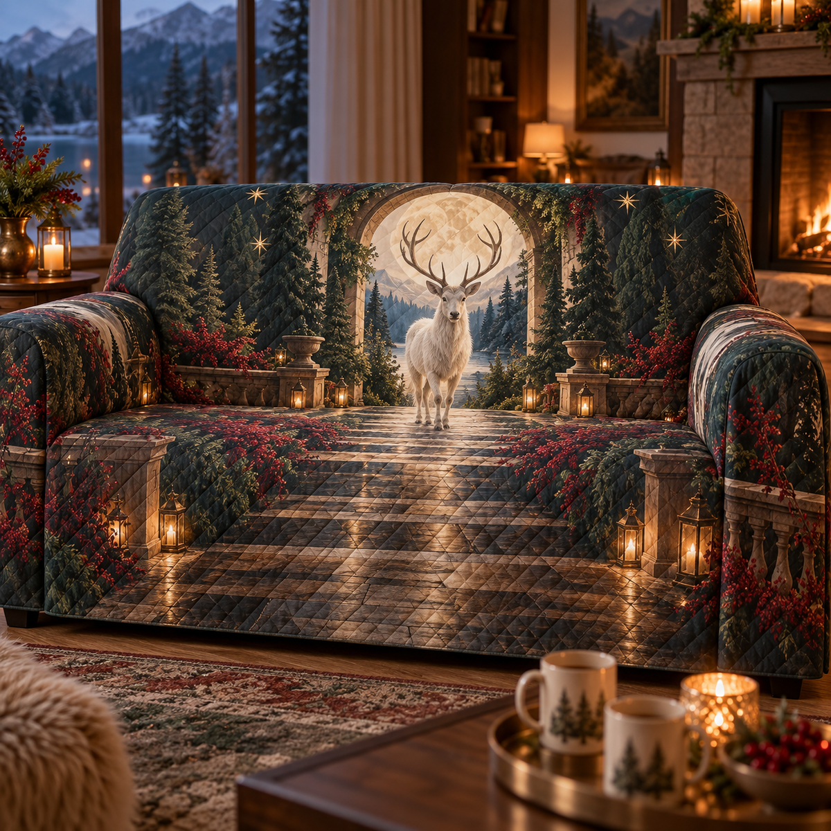 Moonlit White Stag Host Gift Sofa Cover with flat printed optical 3D welcoming stag scene in forest green cream cranberry walnut and candle gold