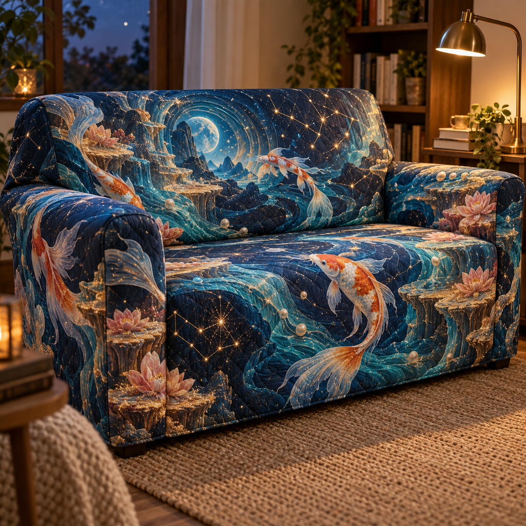 Celestial Koi Reading Nook Sofa Cover with flat printed optical 3D koi moon pool in deep indigo pearl white coral turquoise and gold