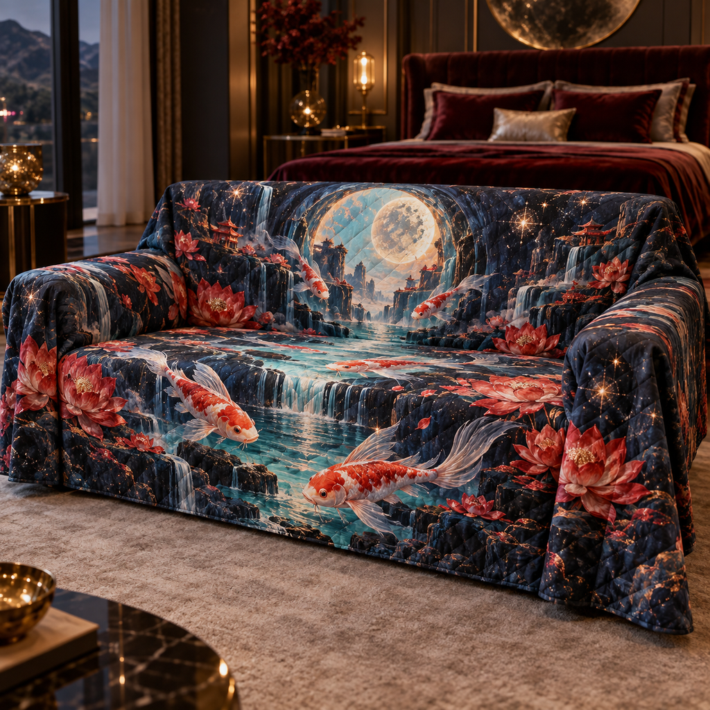 Celestial Koi Bedroom Sofa Cover with flat printed optical 3D koi abyss in black sapphire opal vermilion aqua and rose gold