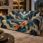 Celestial Koi Living Room Sofa Cover with flat printed optical 3D koi portal in navy ivory emerald orange and champagne