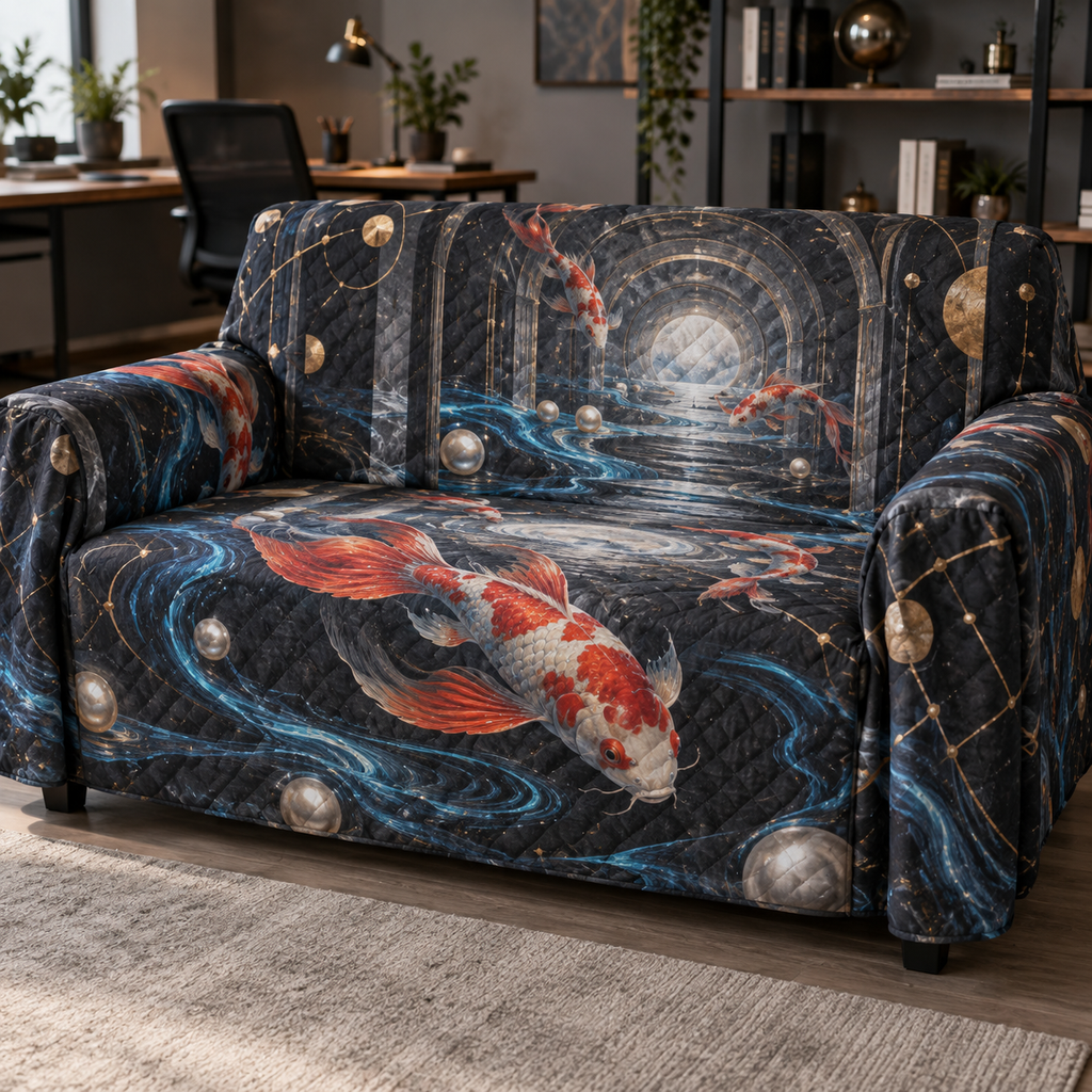 Celestial Koi Home Office Sofa Cover with flat printed optical 3D koi corridor in graphite pearl electric blue cinnabar and brass
