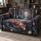 Celestial Koi Home Office Sofa Cover with flat printed optical 3D koi corridor in graphite pearl electric blue cinnabar and brass