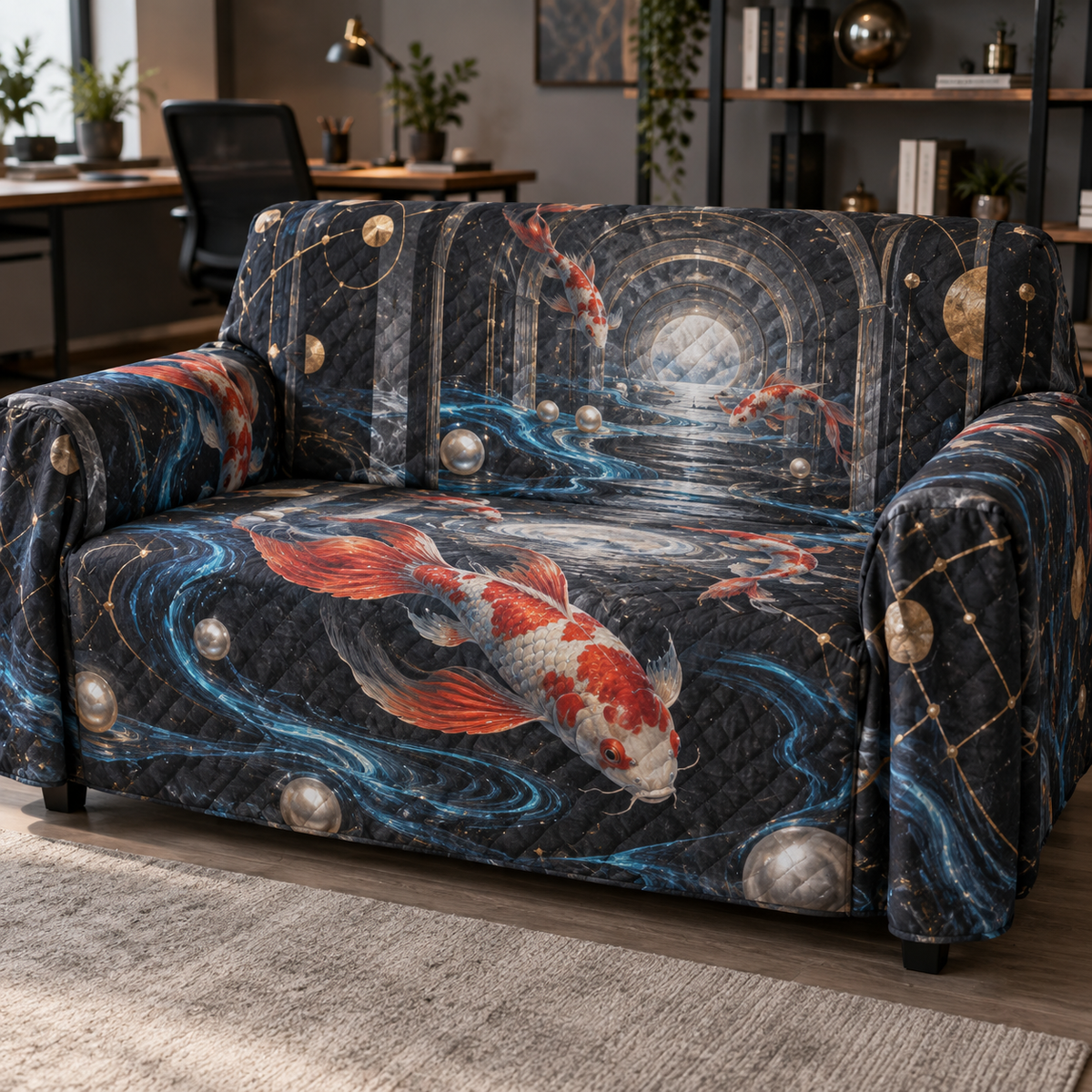 Celestial Koi Home Office Sofa Cover with flat printed optical 3D koi corridor in graphite pearl electric blue cinnabar and brass