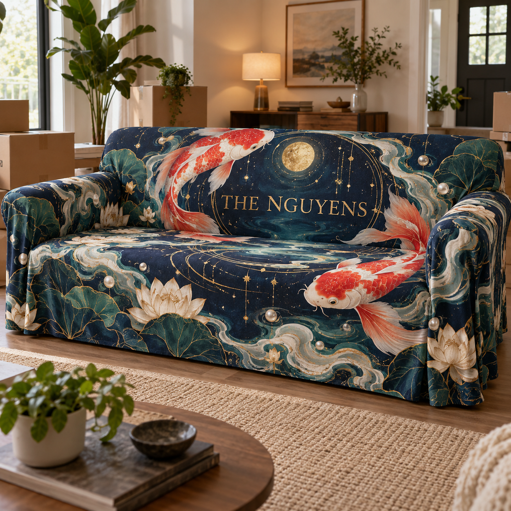 Personalized Celestial Koi Sofa Cover showing The Nguyens within flat printed optical 3D koi pool in midnight blue pearl coral red jade and gold