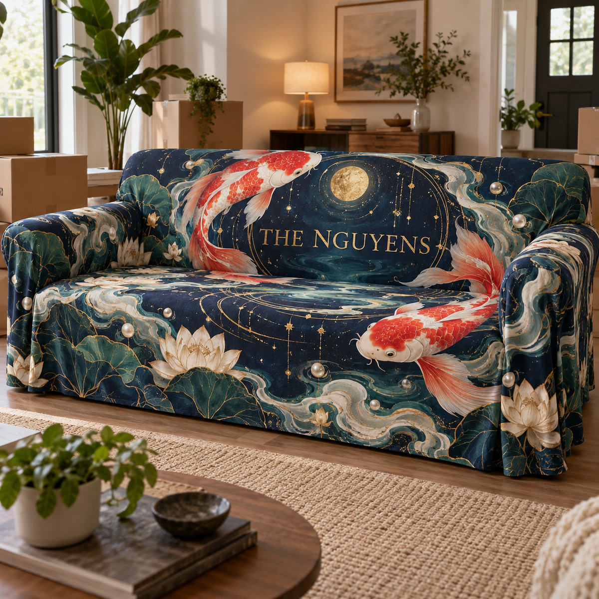 Personalized Celestial Koi Sofa Cover showing The Nguyens within flat printed optical 3D koi pool in midnight blue pearl coral red jade and gold