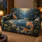 Celestial Koi Quiet Corner Sofa Cover with flat printed optical 3D koi pond in twilight blue cream moss tangerine and soft gold