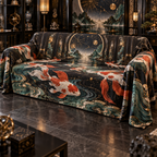 Celestial Koi Collector Sofa Cover with flat printed optical 3D cloisonne koi in lacquer black porcelain vermilion jade and gold
