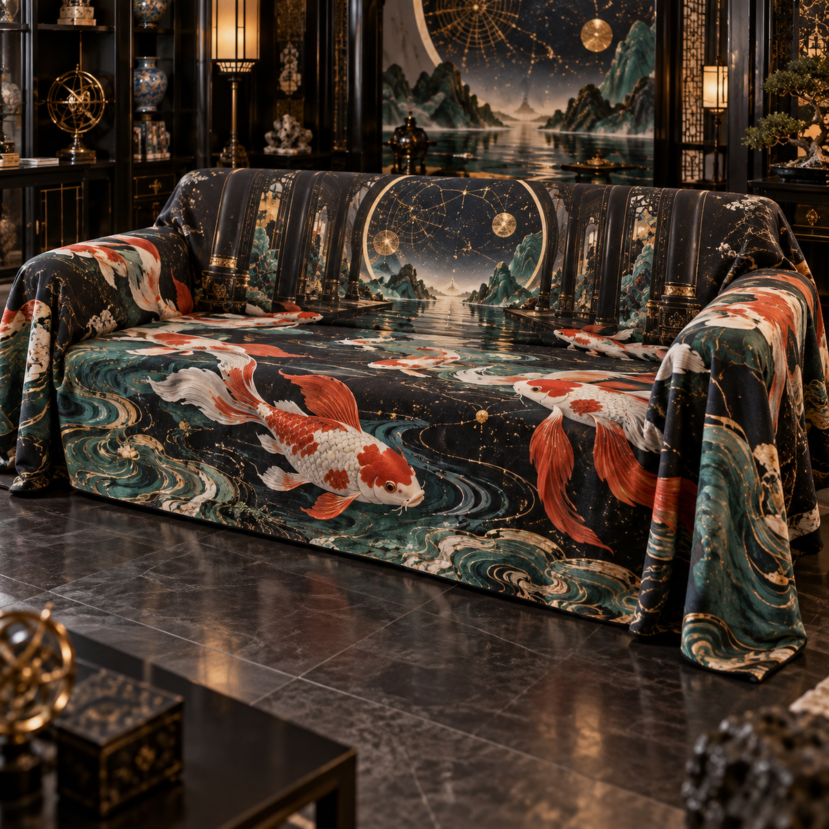 Celestial Koi Collector Sofa Cover with flat printed optical 3D cloisonne koi in lacquer black porcelain vermilion jade and gold