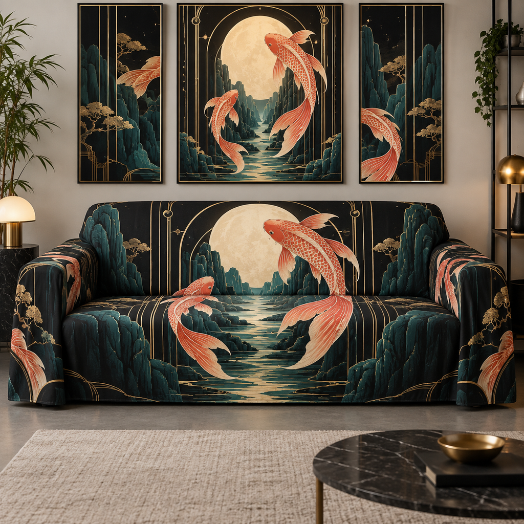 Celestial Koi Gallery Wall Sofa Cover with flat printed optical 3D Art Deco koi in ink ivory salmon teal and brass