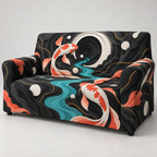 Celestial Koi Studio Sofa Cover with flat printed optical 3D paper cut koi in black white cyan coral and yellow