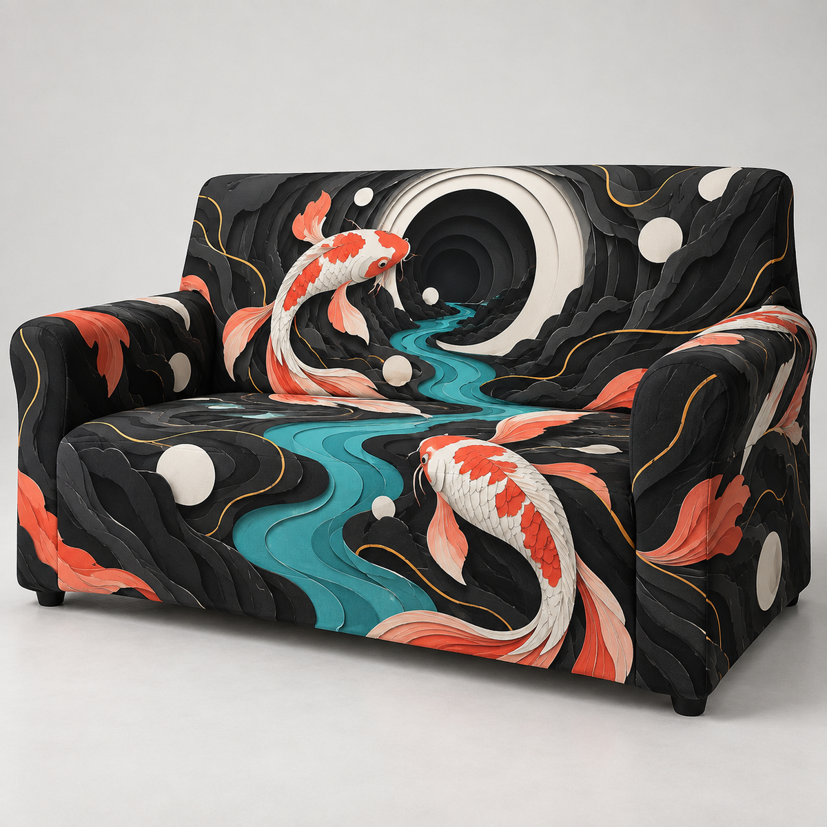 Celestial Koi Studio Sofa Cover with flat printed optical 3D paper cut koi in black white cyan coral and yellow