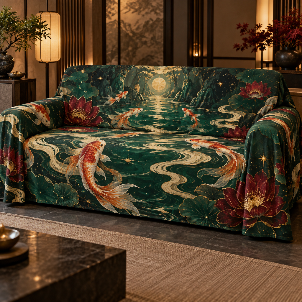 Celestial Koi Host Gift Sofa Cover with flat printed optical 3D koi pond in deep green cream orange garnet and gold