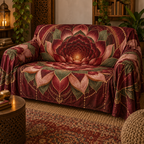 Red Lotus Mandala Reading Nook Sofa Cover with flat printed optical 3D lotus mandala in crimson burgundy blush sage and antique gold