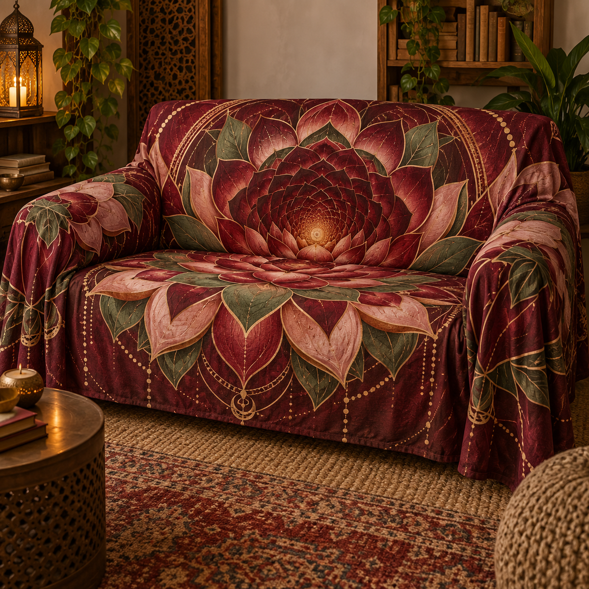 Red Lotus Mandala Reading Nook Sofa Cover with flat printed optical 3D lotus mandala in crimson burgundy blush sage and antique gold