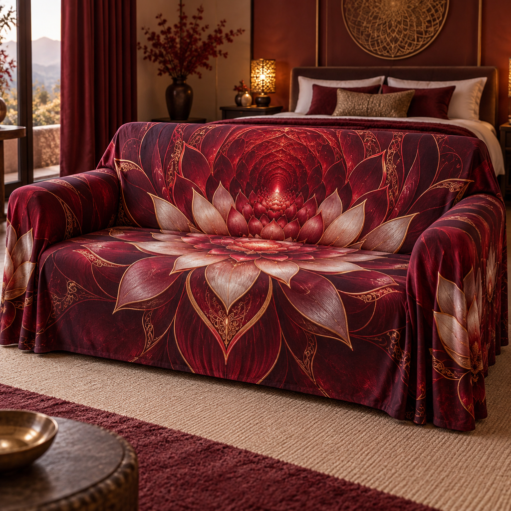 Red Lotus Mandala Bedroom Sofa Cover with flat printed optical 3D lotus mandala in oxblood ruby pearl plum and gold