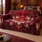Red Lotus Mandala Bedroom Sofa Cover with flat printed optical 3D lotus mandala in oxblood ruby pearl plum and gold