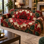 Red Lotus Mandala Living Room Sofa Cover with flat printed optical 3D lotus mandala in scarlet black cherry ivory emerald and champagne gold